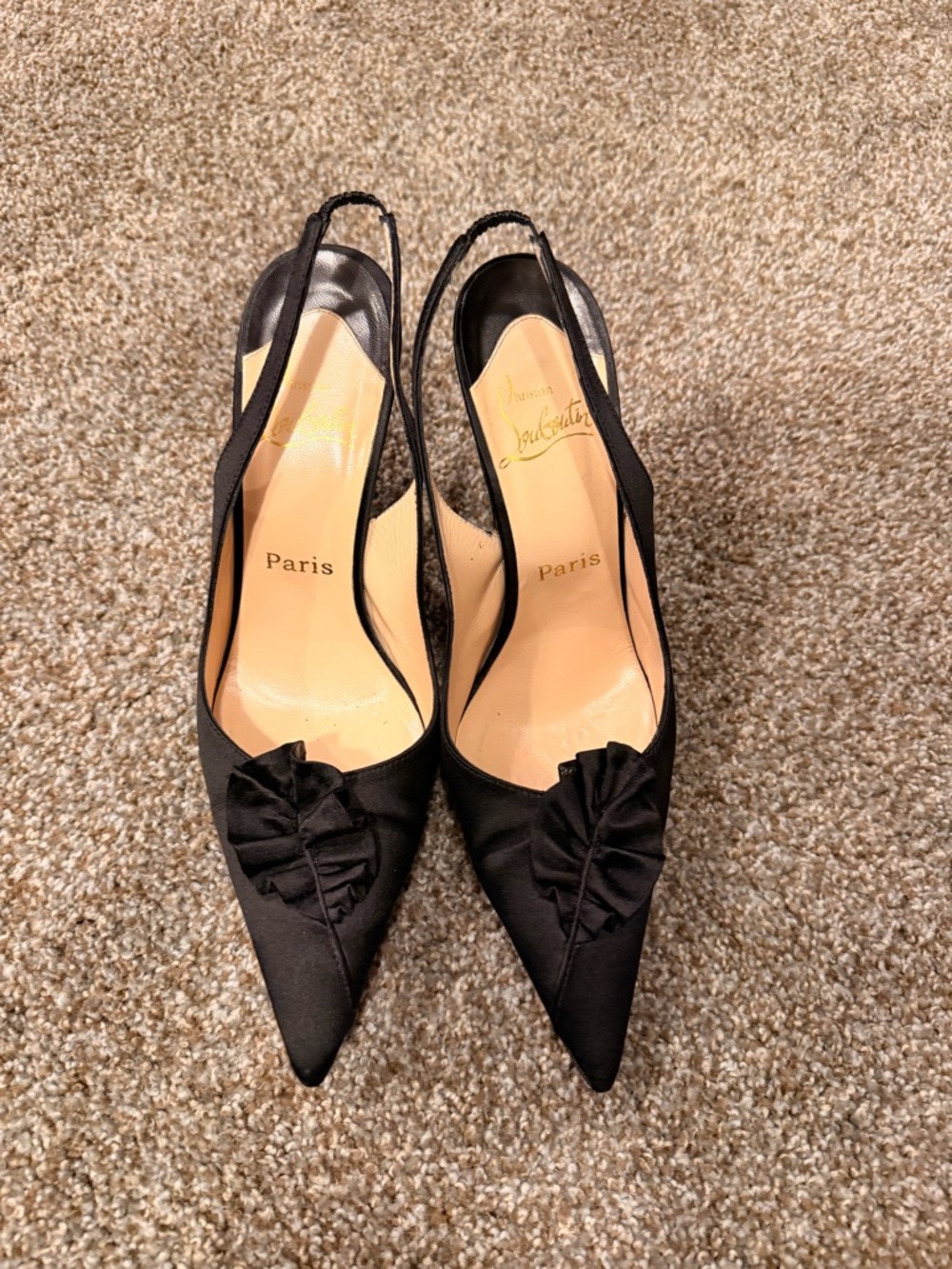 Christian Louboutin Black Satin Ruffle Pointed Slingback Heels